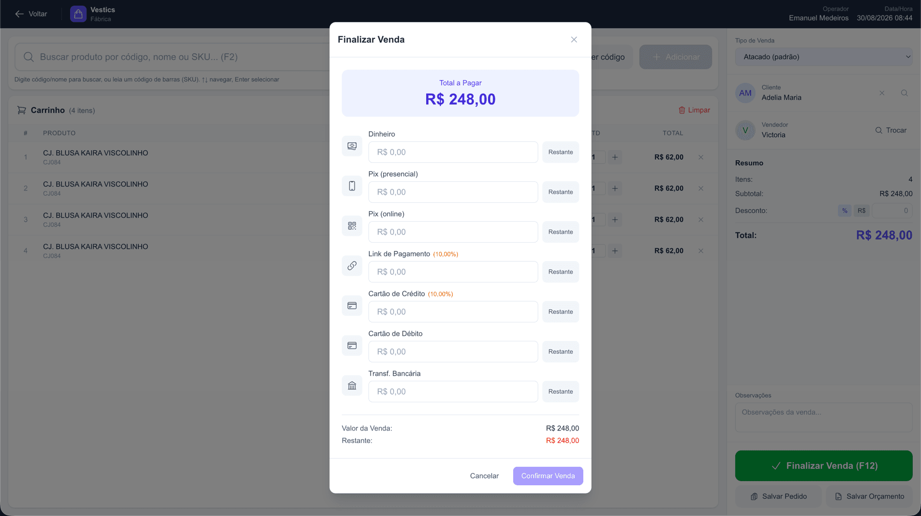Tela de finalizar venda do Vestics com as sete formas de pagamento disponíveis para dividir o total