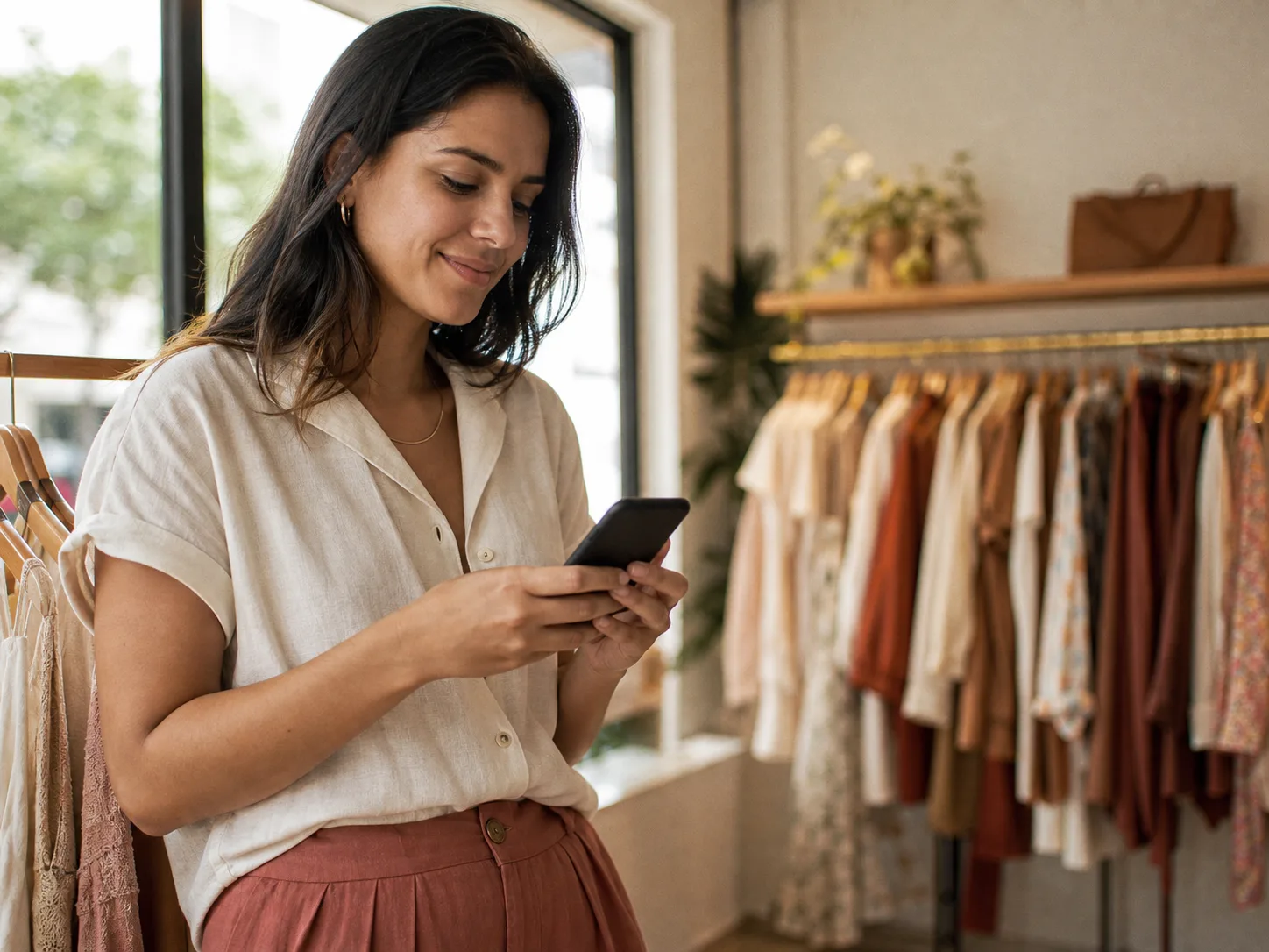 Vendedora respondendo uma cliente pelo celular, encostada numa arara da loja