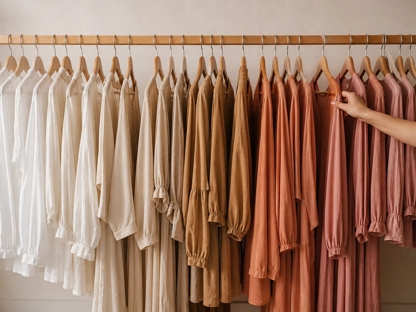 Arara de roupas organizada por cor, com uma mão deslizando um cabide
