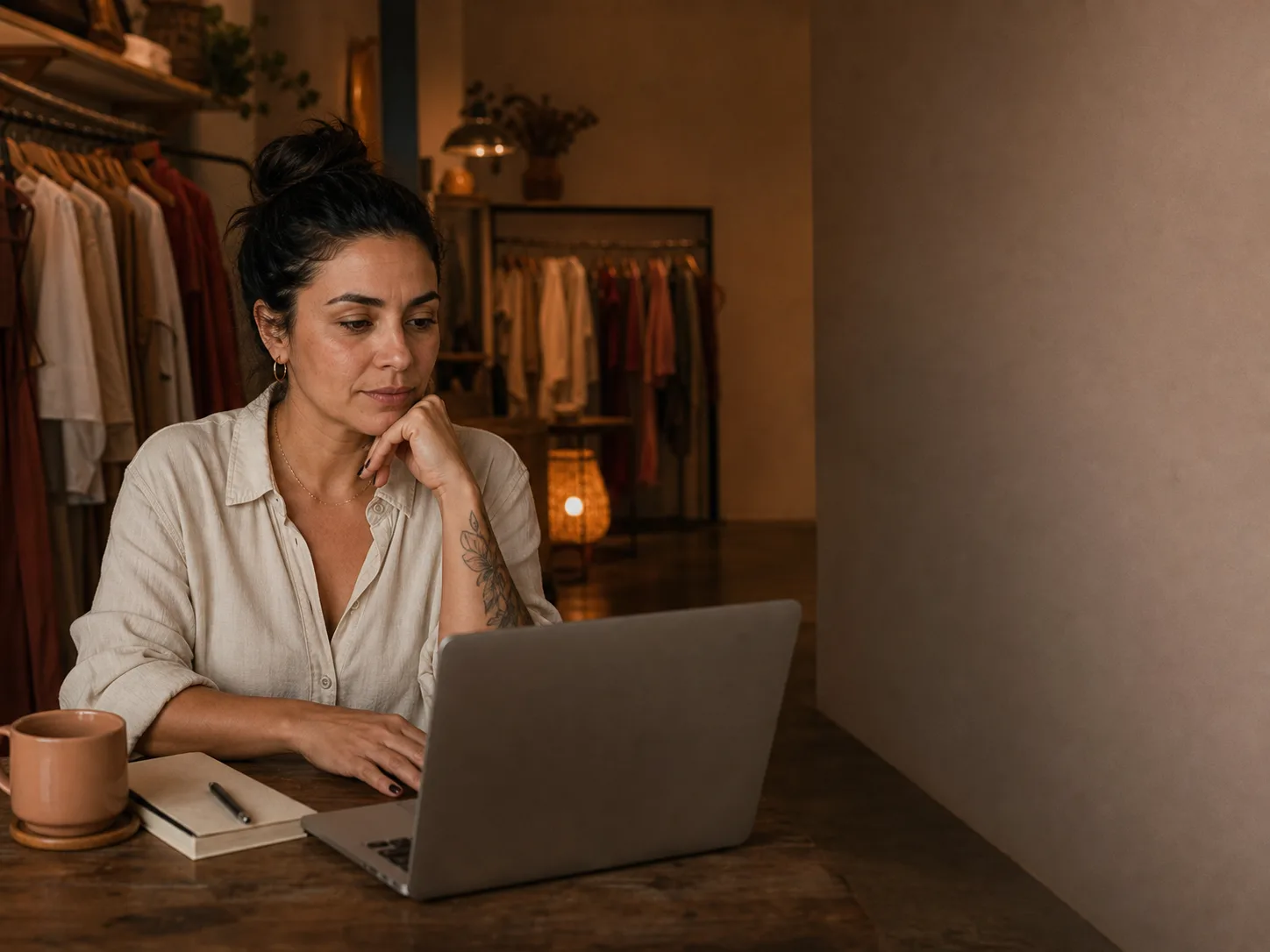 Dona da loja analisando o notebook sozinha, depois do expediente