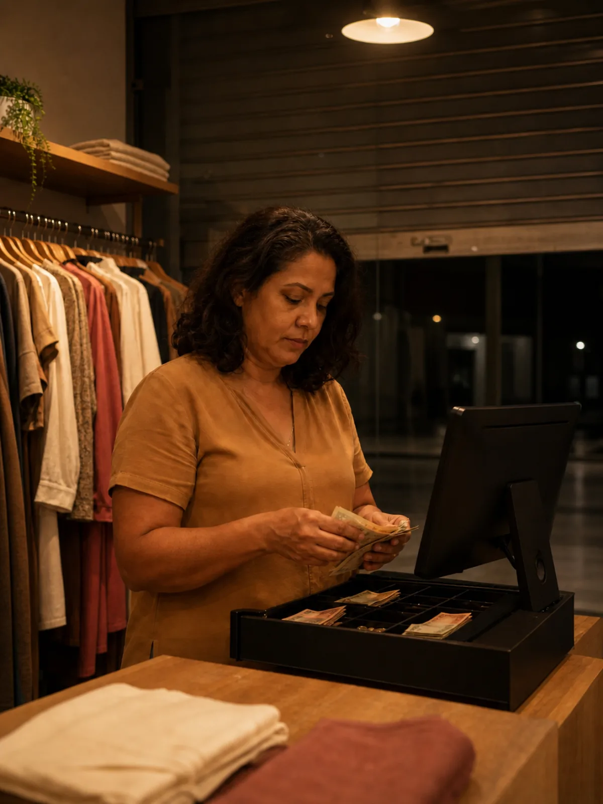 Lojista contando as notas da gaveta do caixa sob uma única luminária, com a loja já às escuras