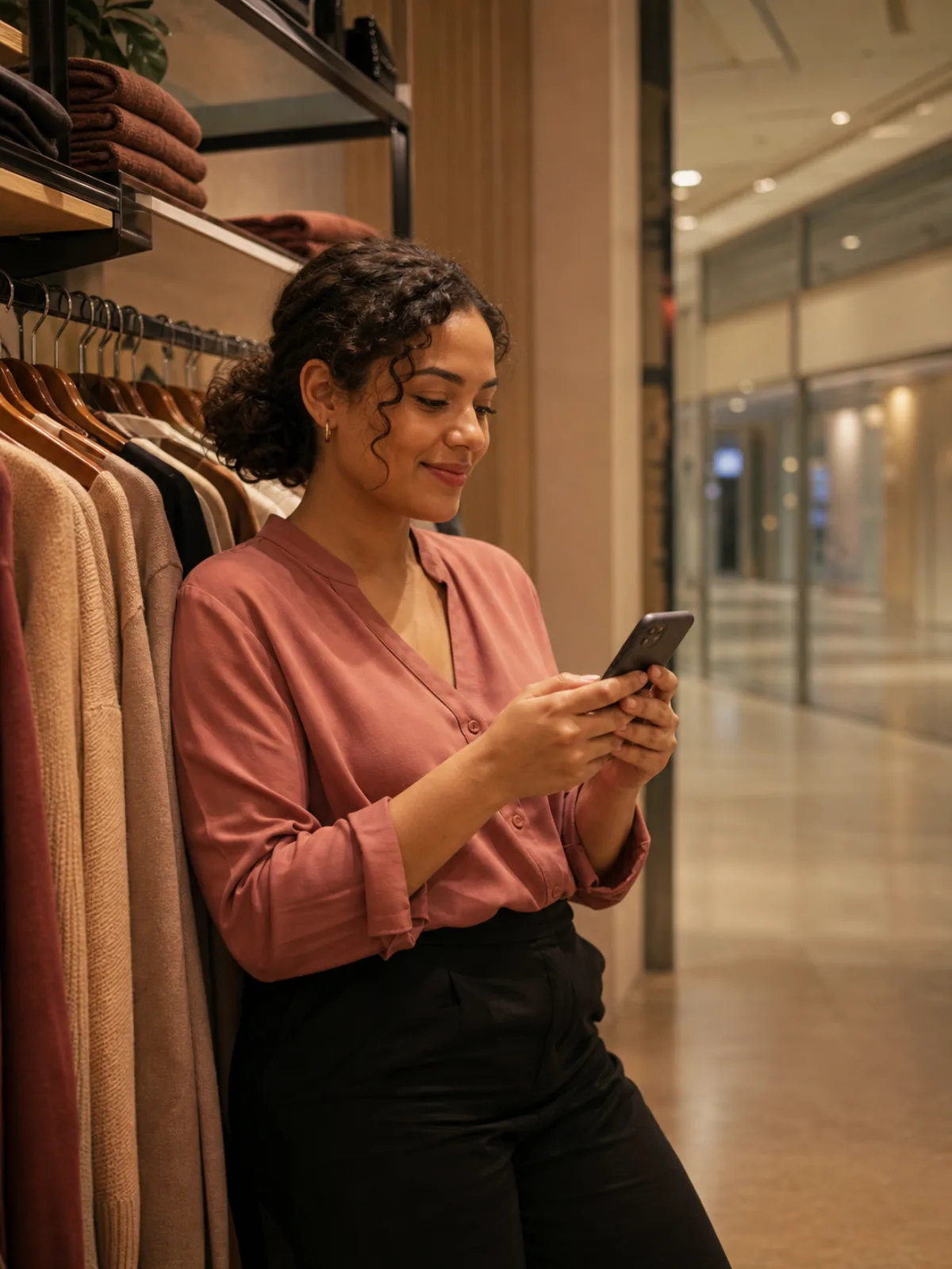 Vendedora encostada na arara respondendo clientes pelo celular